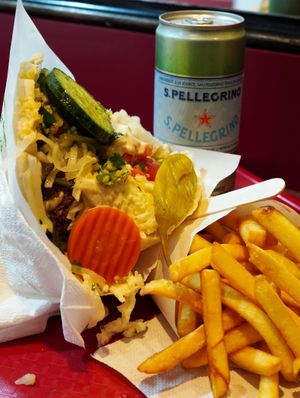 Falafel w/fries and spring water at Maoz - Saint Andre des Arts in Paris