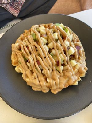 Waffle with PB and fresh fruit. Looks small, but was HUGE!   at Fotis All Day Bar in Naoussa