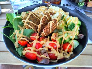 Mediterranean buddha bowl at Fotis All Day Bar in Naoussa