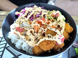 Vegan buddha bowl with fried tofu at Fotis All Day Bar in Naoussa