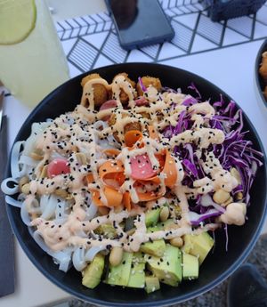 Buddha bowl with fried tofu and rice noodles at Fotis All Day Bar in Naoussa