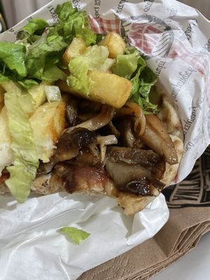 Mushroom Gyro Pitta with spicy sauce at Kantina Grill in Corfu