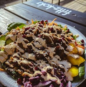 Poké bowl with vegan teriyaki chicken at Surfing Elephant in Wenduine