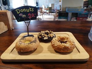 Homemade vegan donuts: chocolate, peanut butter and lemon! at Café Mellemfolk in Aarhus