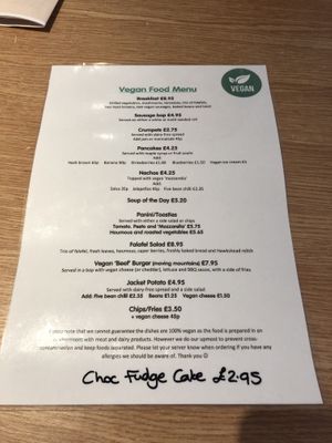 Vegan menu  at Stiles in Ambleside