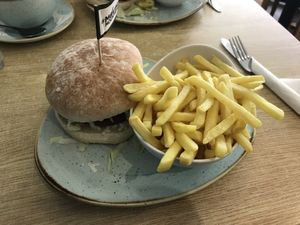 Moving Mountain burger and loads of fries   at Stiles in Ambleside
