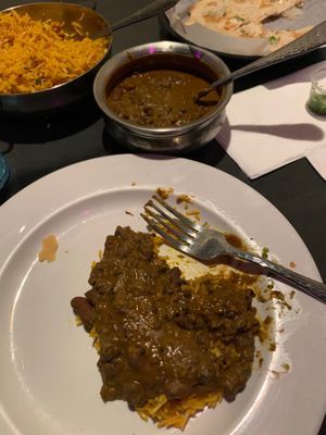 Vegetable Rice, Dal Makhani, and Naan. Delicious vegan meal! at Cafe India in Visalia