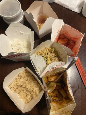 General’s tofu, fried rice (w/out egg), vegetable chow mein, spring rolls, sweet and sour tofu at Red Dragon in Spokane