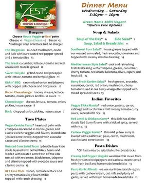 New menu as of today (2-4-22). It’s no longer only vegetarian but only two items on menu that aren’t vegan.  at Zest Garden Cafe in Lincoln City