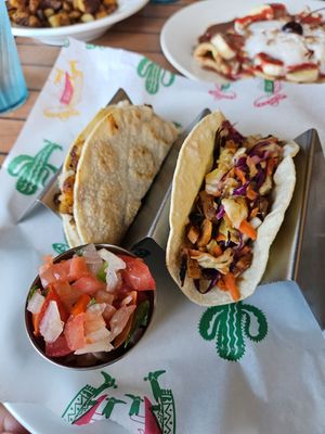Potato and cheese taco made with plant based cheese (left) and the jackfruit taco (right) at Zest Garden Cafe in Lincoln City