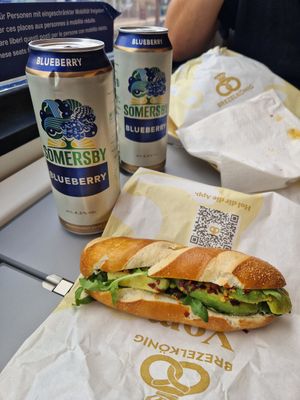 Ciders bought elsewhere, avocado roll and planted curry, both really good! at Brezelkönig - Shopville Gessnerallee in Zurich