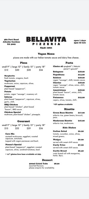 Vegan Menu at Bellavita Pizzeria in Allenby Gardens