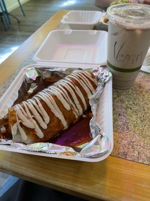 Burrito mojado de carne asada y horchata vegana at Gordos Mexican Food in Waialua