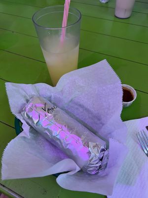 Regular-size soy asada burrito with (already partly sipped) mango agua fresca  at Gordos Mexican Food in Waialua