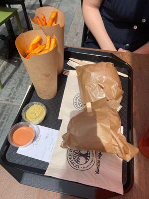 Meal with fries, salsa, burger and drinks at Copper Branch in Nancy