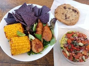 Grilled corn, guacamole and nachos, "chicken" wings, chocolate cookie at Copper Branch in Nancy