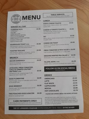 Food menu at House Coffee Co in Shrewsbury