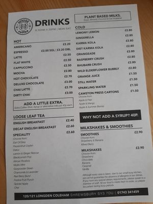 Drinks menu at House Coffee Co in Shrewsbury