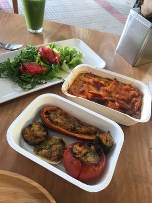Stuffed veggies and sweet potato In the oven with fresh salad at Casa Sana in Nazare
