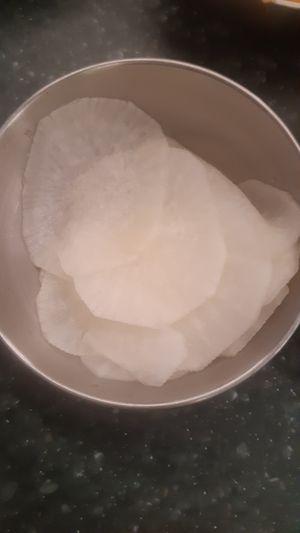 Sliced mooli at Lucky Tortoise Dumpling Company - Temple Bar in Dublin