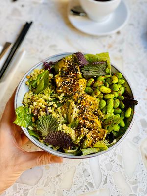 Tiger Bowl - avocado in leche de tigre, Japanese edamame beans in gochugaru, young, green rice, Asian leaves & herbs, yuzu dressing. at The Cool Cat in Warsaw