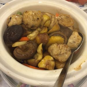 Braised mushroom, chestnut and veg fish balls at Man Bo Vegetarian in Kowloon