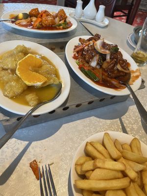 Orange chicken and Chips   at Choi Gan in Clitheroe