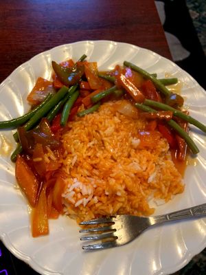Rice, green beans, and sauce at Choi Gan in Clitheroe