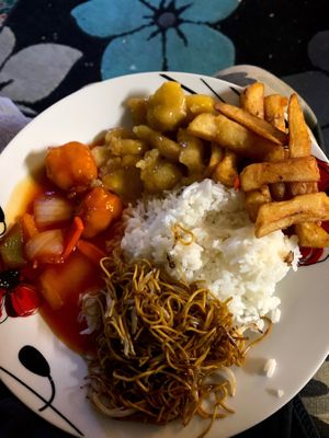 Lo mein, chips , rice and mock meat  at Choi Gan in Clitheroe