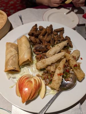 Spring rolls, salt n pepper baby corn, and crispy fried beef starters at Choi Gan in Clitheroe
