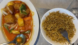Main of sweet & sour crispy ch*cken and chowmein noodles. I’d already started then remembered I needed a photo    at Choi Gan in Clitheroe