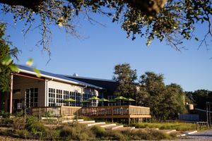 looking in from the beer garden at Beerburg Brewing in Austin