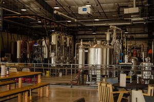 brewery as seen from taproom at Beerburg Brewing in Austin