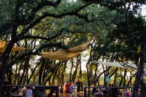 beer garden as seen from the kids playground at Beerburg Brewing in Austin