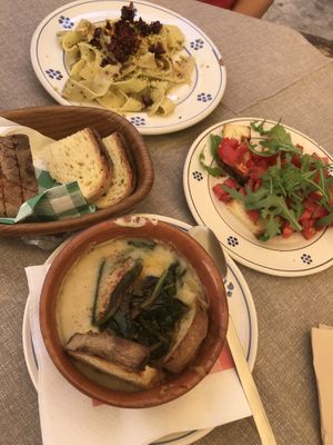 Fave e cicorie, bruschetta and pasta with pesto and peppers   at Pane e Pomodoro in Matera