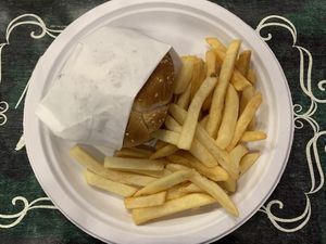 Swiss burger with fries  at Veggie Del Sol in South Padre Island