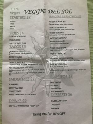 Menu at Veggie Del Sol in South Padre Island