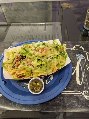 Nachos, plenty of beans and "meat", vegan cheese and guac at Veggie Del Sol in South Padre Island