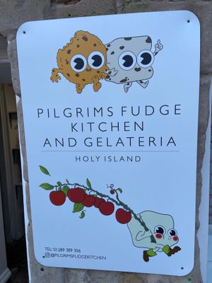 Sign at Pilgrims Fudge Kitchen and Gelateria in Lindisfarne