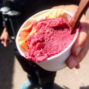 2 scoops gelato  at Pilgrims Fudge Kitchen and Gelateria in Lindisfarne