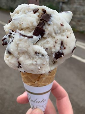 Bounty Chocolate with chocolate spoon .. all vegan! Delicious subtle coconut flavour  at Pilgrims Fudge Kitchen and Gelateria in Lindisfarne