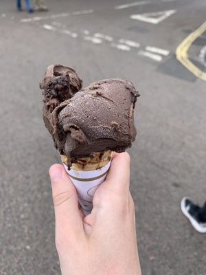 Chocolate mudslide ice cream at Pilgrims Fudge Kitchen and Gelateria in Lindisfarne