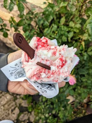 Vegan gelato with edible spoons at Pilgrims Fudge Kitchen and Gelateria in Lindisfarne