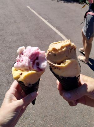 Orange choc chip/berry ripple & orange choc chip/cooke dough at Pilgrims Fudge Kitchen and Gelateria in Lindisfarne