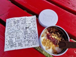 Raspberry Cheesecake ice cream. at Pilgrims Fudge Kitchen and Gelateria in Lindisfarne