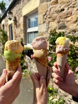 Double scoops  at Pilgrims Fudge Kitchen and Gelateria in Lindisfarne