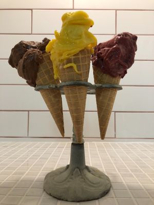 Rich Chocolate , Mango and wild Berry , I couldn't decide so I tried all three !  at Pilgrims Fudge Kitchen and Gelateria in Lindisfarne