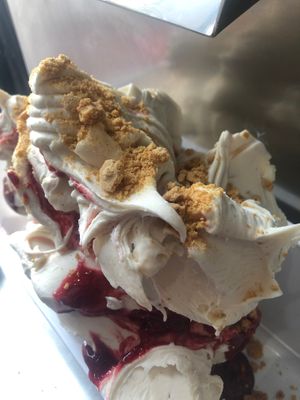 Raspberry Cheesecake, made with our very own vegan gelato and drizzled with Raspberry Coulis and a sprinkling of gluten free biscuits. It can't get better than freshly made gelato  at Pilgrims Fudge Kitchen and Gelateria in Lindisfarne