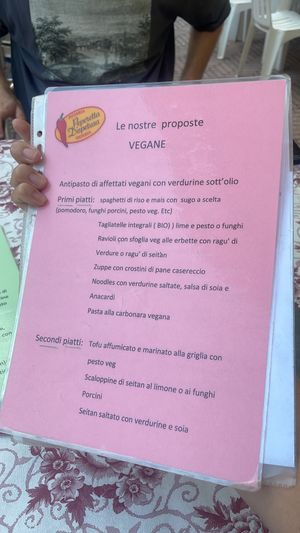 One side of the vegan menu at Pizzaria Peperetta Dispetusa in Imperia