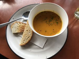 Soup of the day (small size). Olivani spread offered for toast at The Crafty Moa  in Arthurs Pass